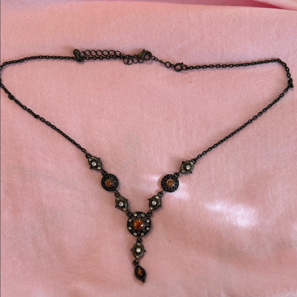 Delicate Antique-Style Copper Necklace with Amber and Clear Stones